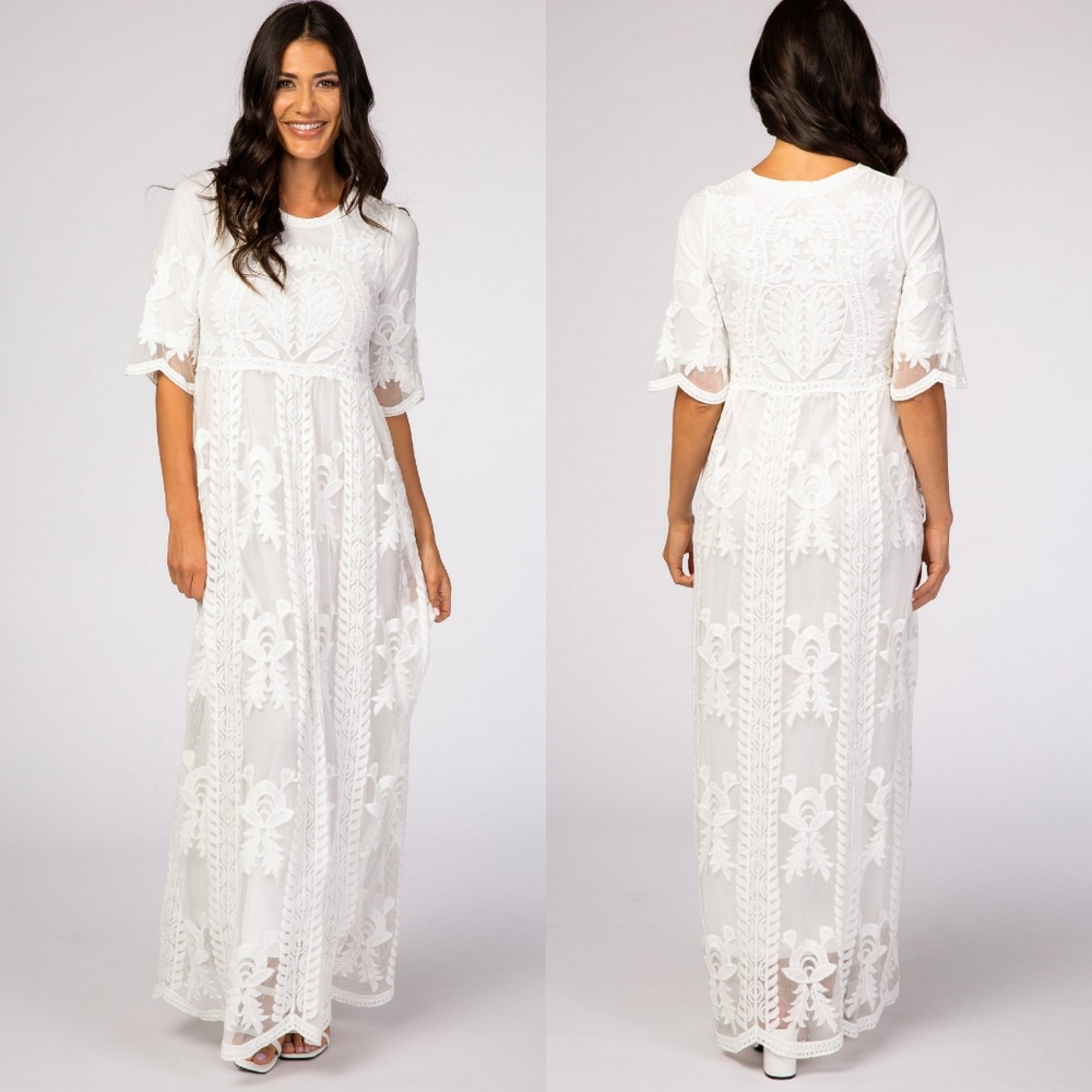 Tea n Rose White Crochet Overlay Maxi Dress Women's S/M Bridal Photoshoot Boho - Picture 1 of 15